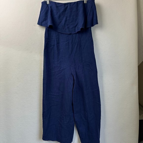 Lulus jumpsuit sz S Lana Strapless Off shoulder ruffle cropped navy blue linen - Picture 1 of 6